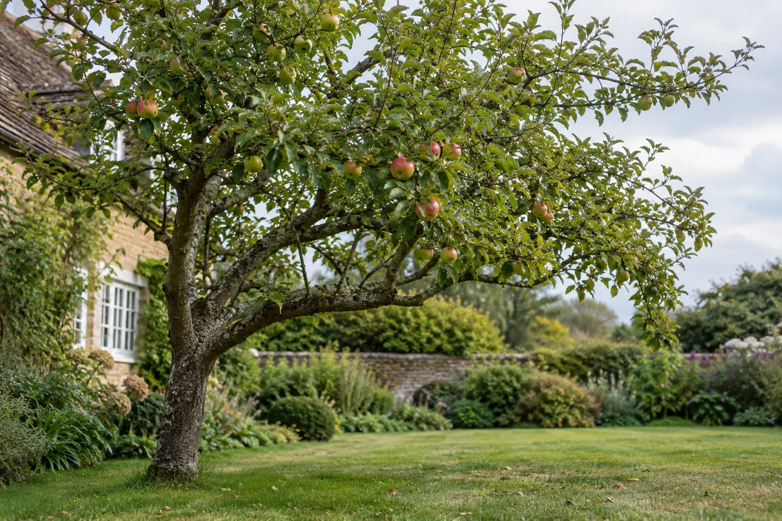 Illustrative AI-generated photograph: A modest mature apple tree in an English garden with a few realistic apples among leaves
