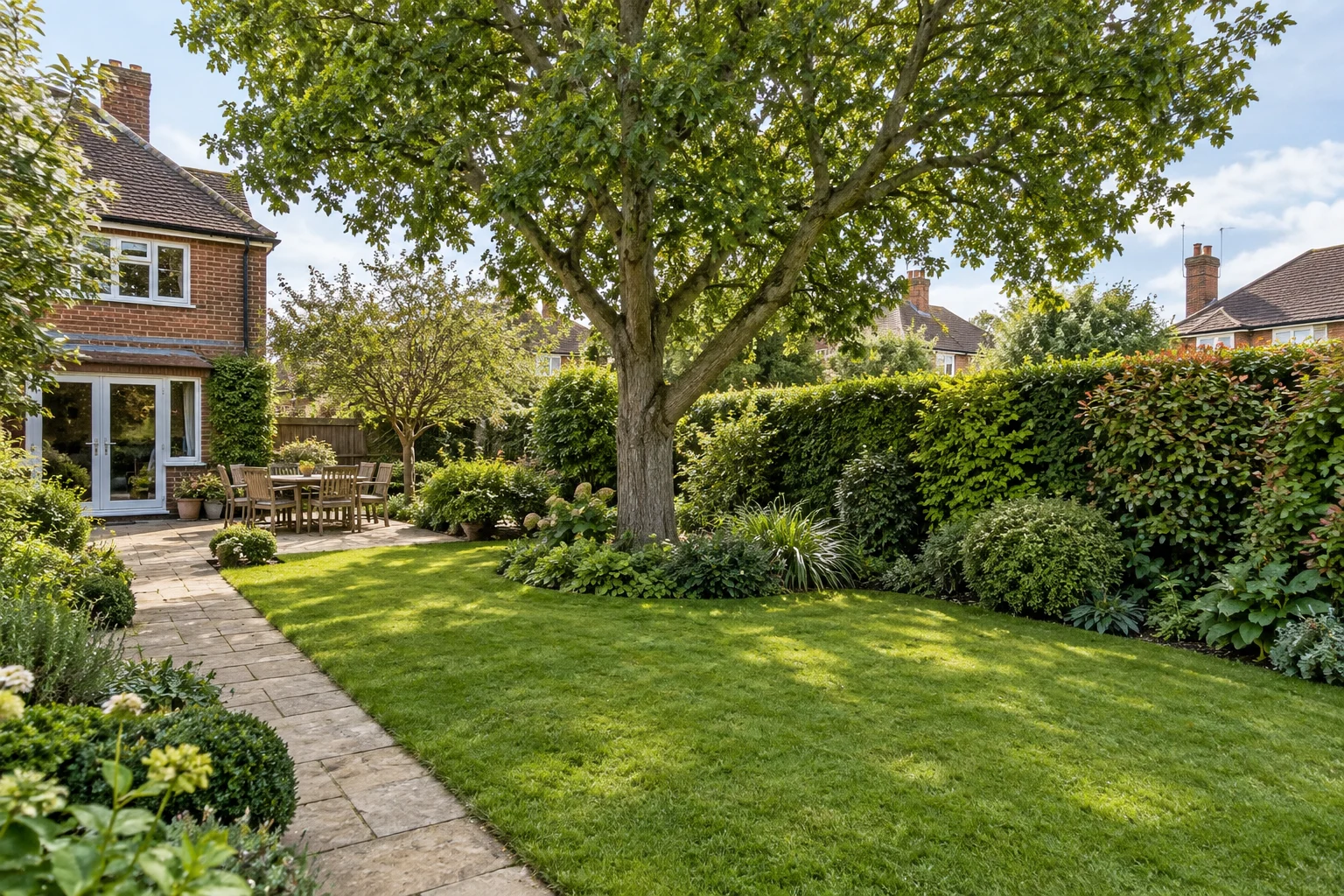 A mature garden tree with a clear path and surrounding planting