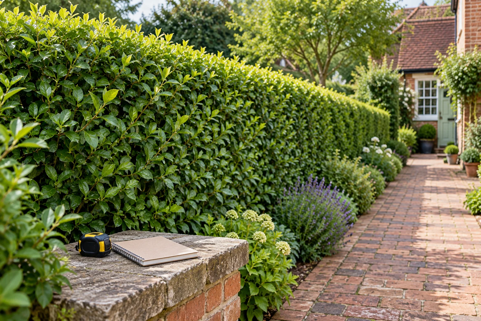 A maintained hedge beside a garden path