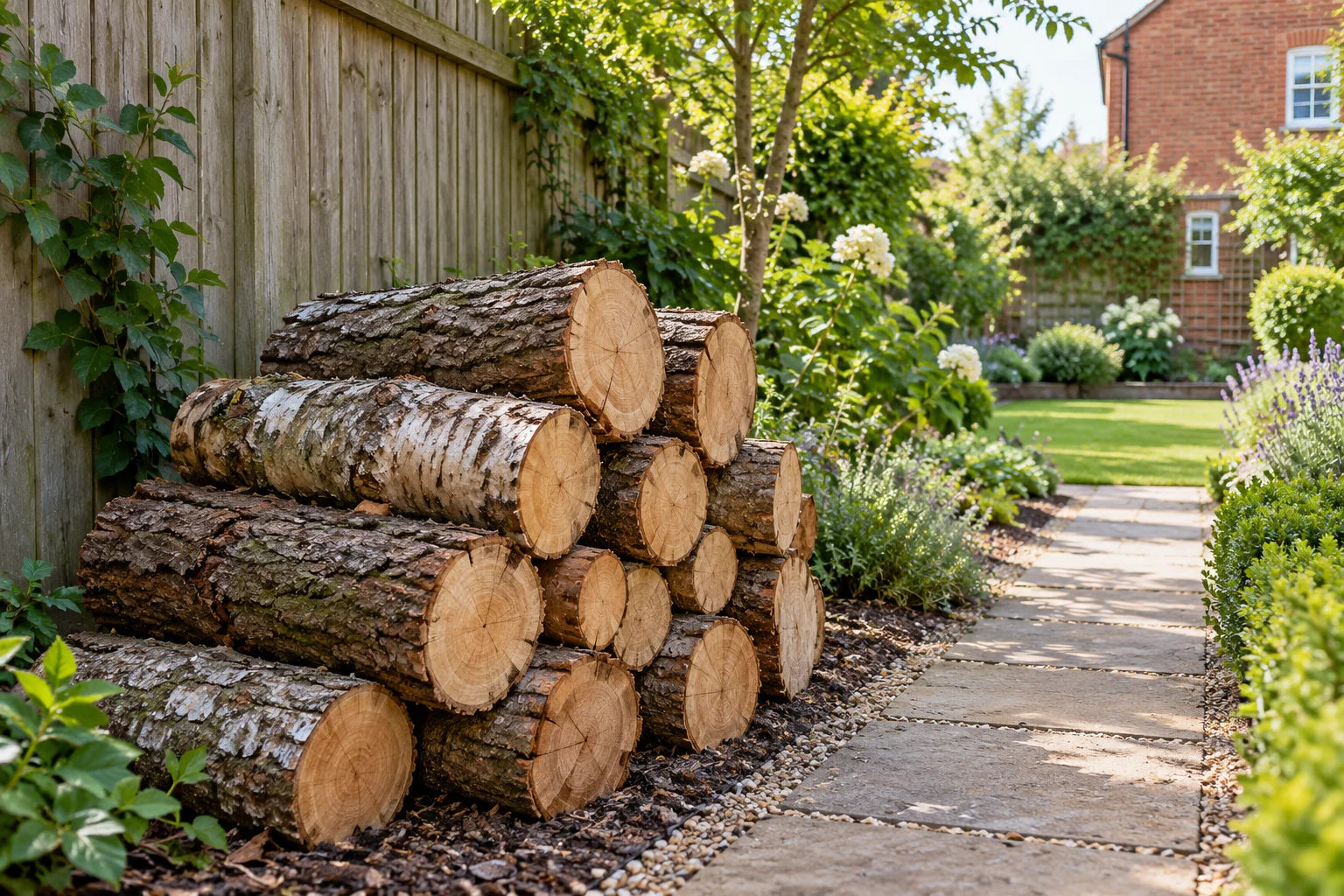 Illustrative AI-generated photograph: Retained hardwood logs neatly stacked beside a garden fence