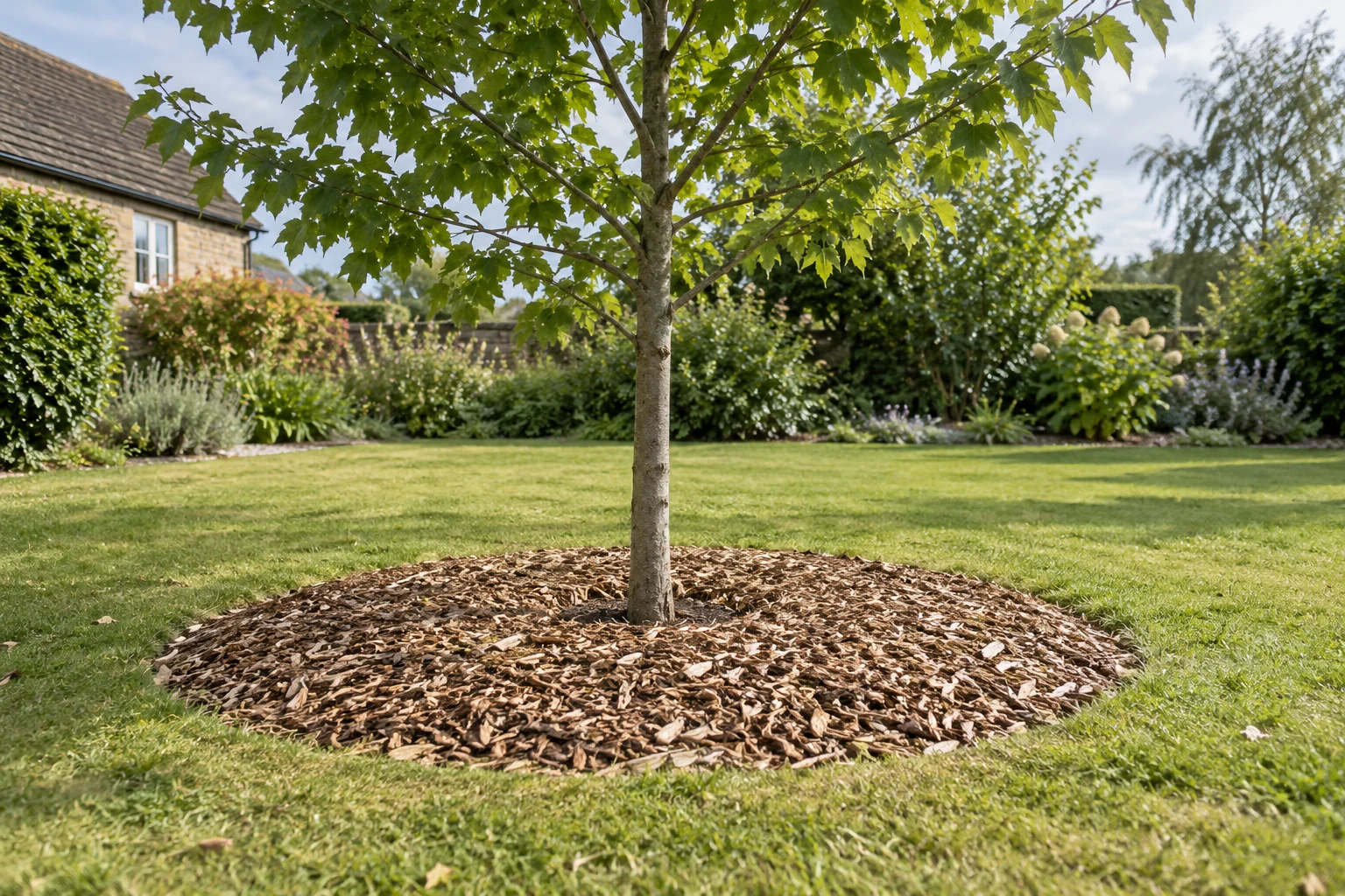Illustrative AI-generated photograph: A young deciduous tree with a broad flat ring of natural wood-chip mulch