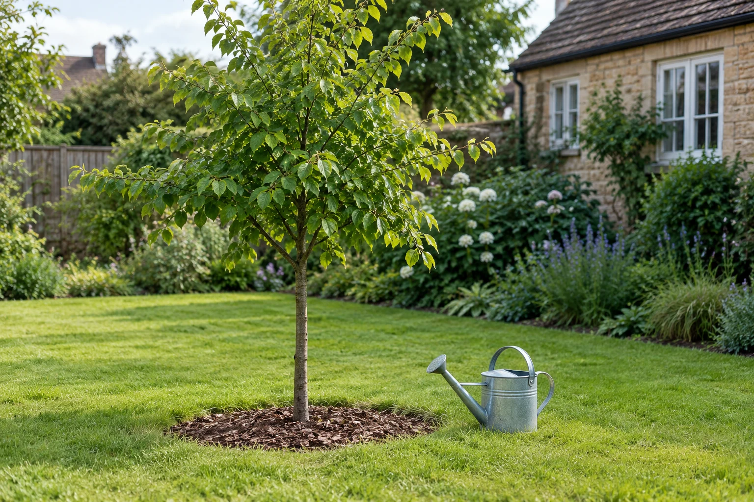 Illustrative AI-generated photograph: A healthy young recently planted deciduous garden tree in summer