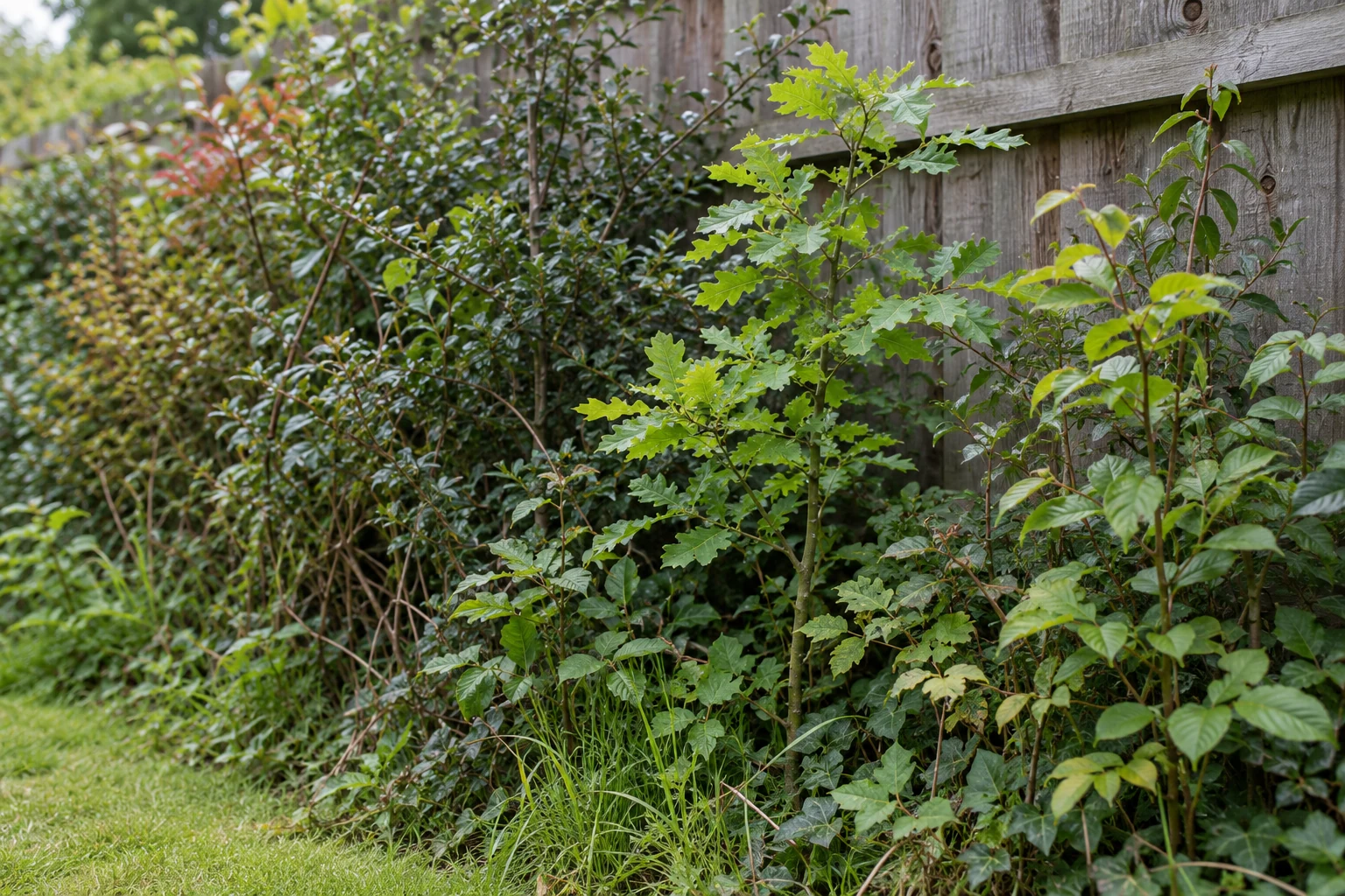 Illustrative AI-generated photograph: Small naturally occurring young tree seedlings among a mixed English garden boundary hedge
