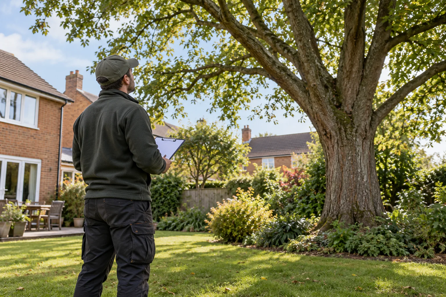 A professional observing a garden tree from ground level