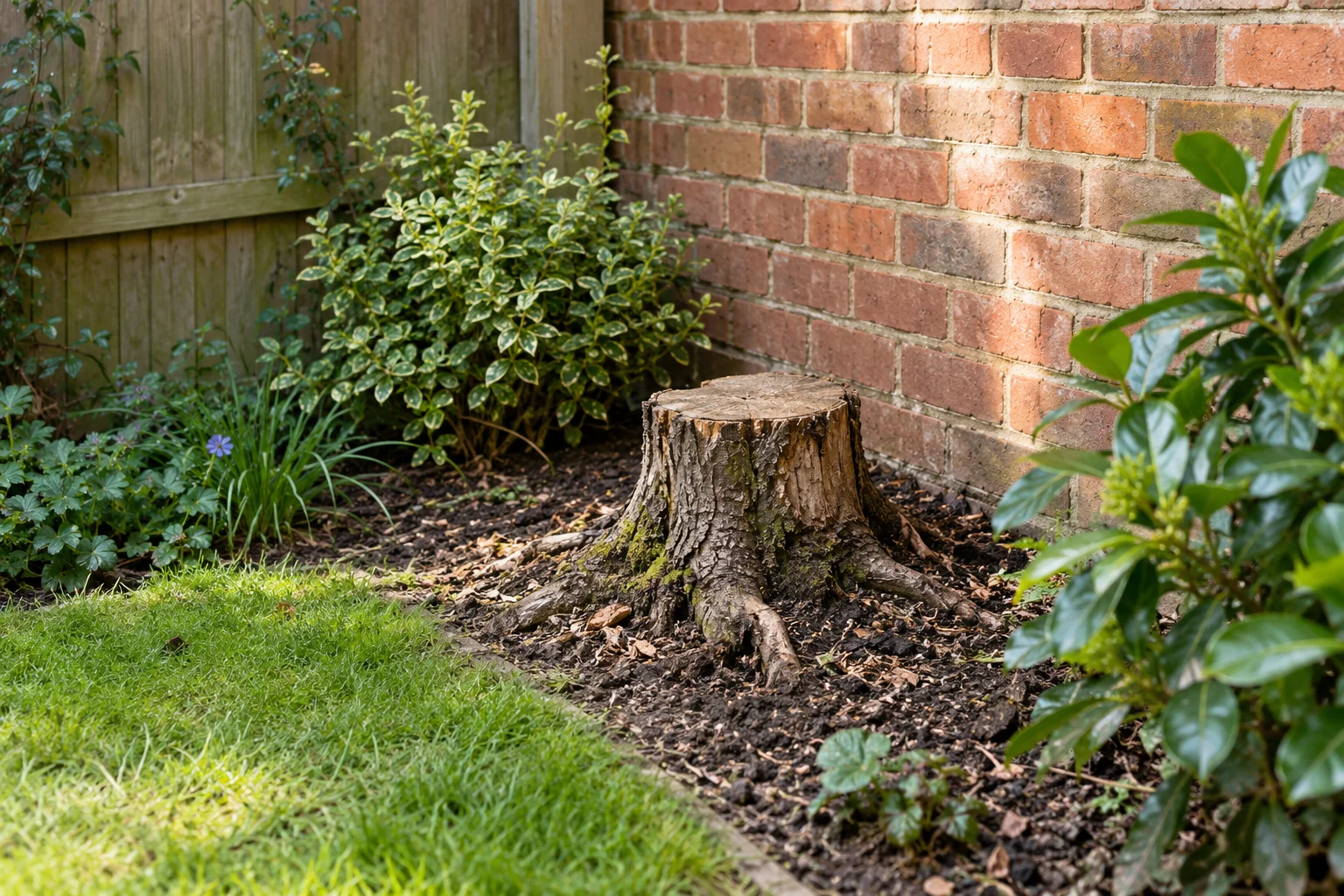 A weathered stump beside a garden wall and fence