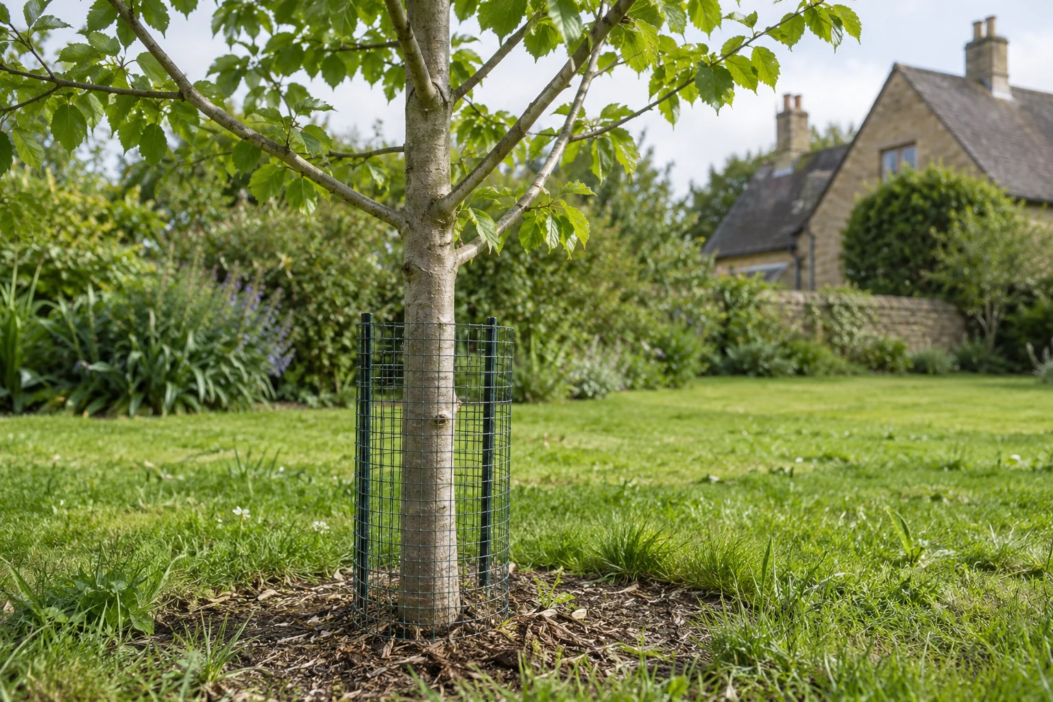 Illustrative AI-generated photograph: A close natural photograph of a young English garden tree with a modest open mesh protective guard around lower trunk