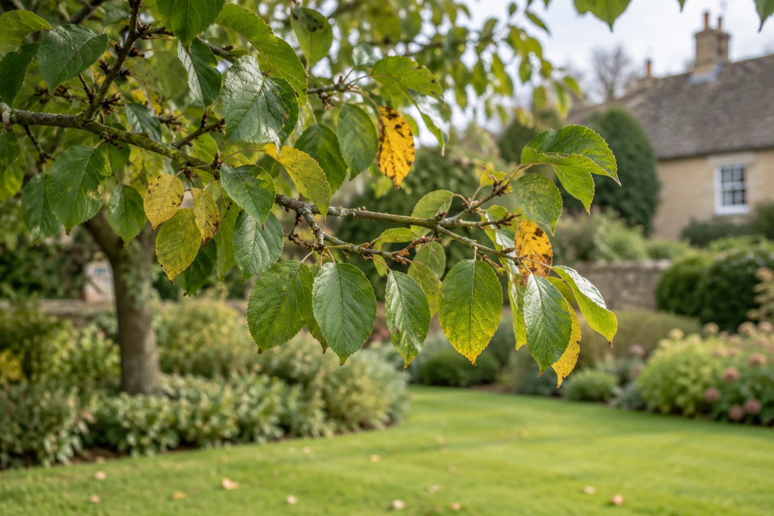 Illustrative AI-generated photograph: A garden tree branch with green and a few yellowing leaves