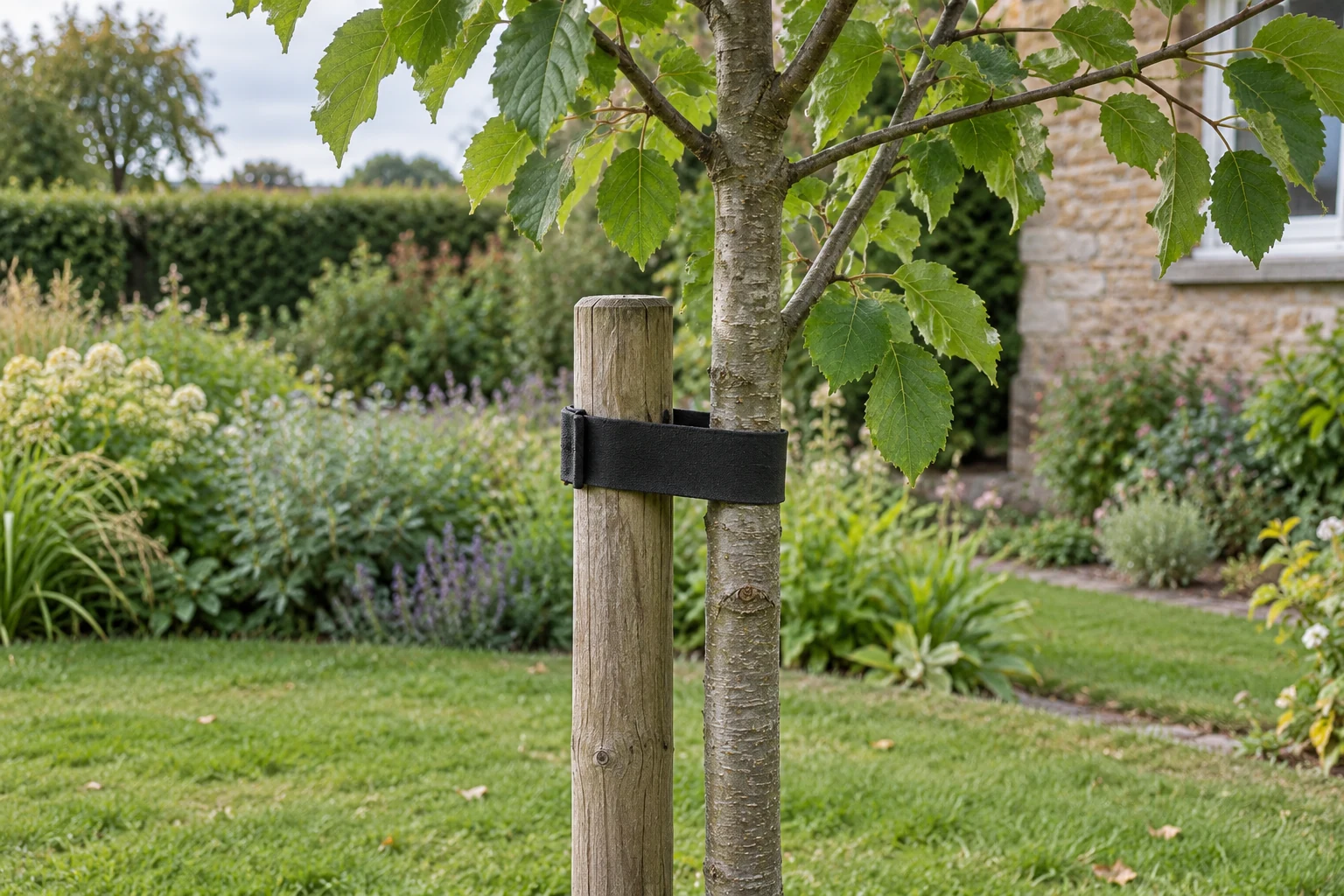 Illustrative AI-generated photograph: A young English garden tree with one short sturdy wooden stake and a plausible broad flexible tree tie