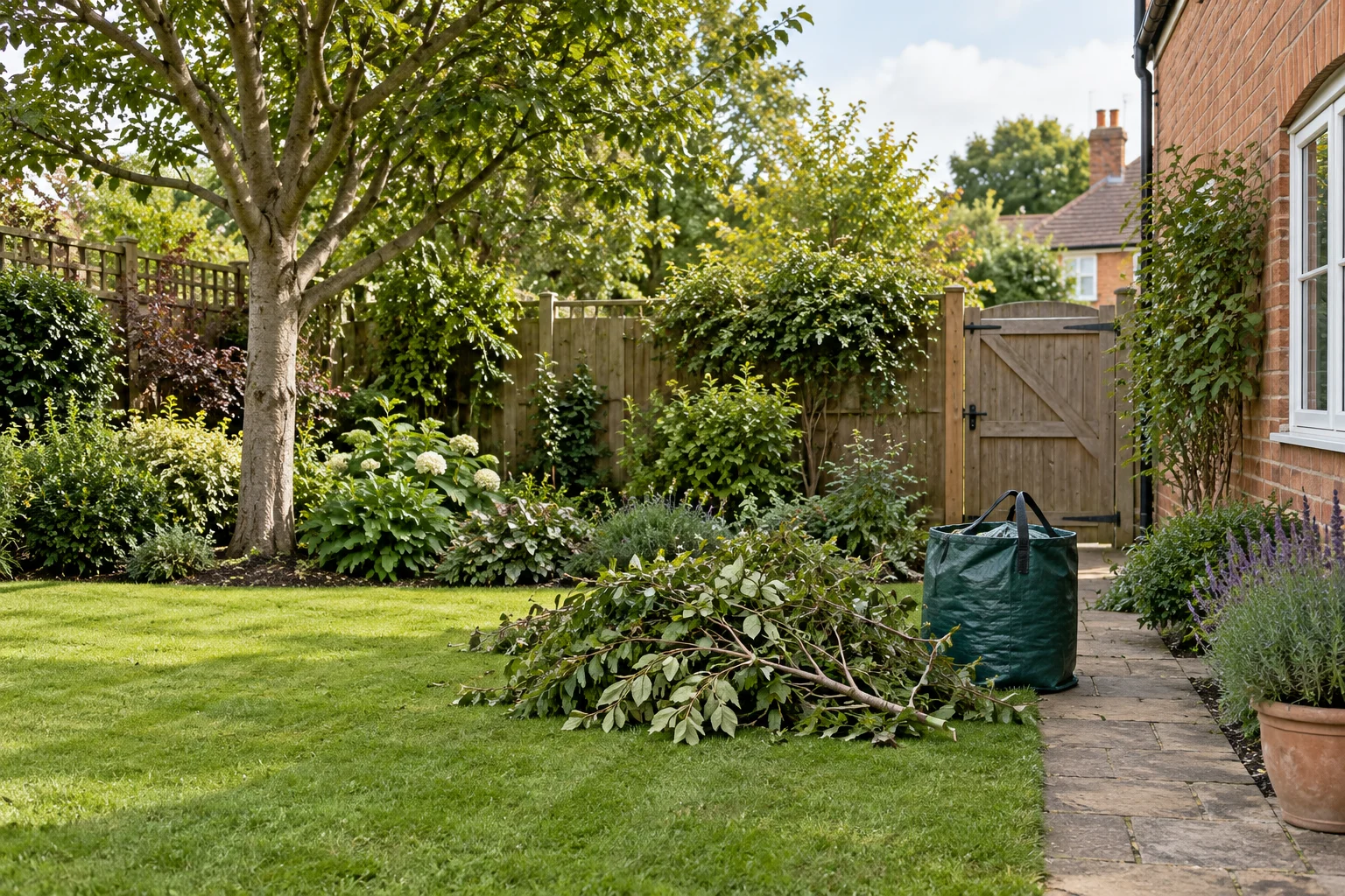 Illustrative AI-generated photograph: Leafy branches and a reusable garden-waste sack beside a clear garden gate