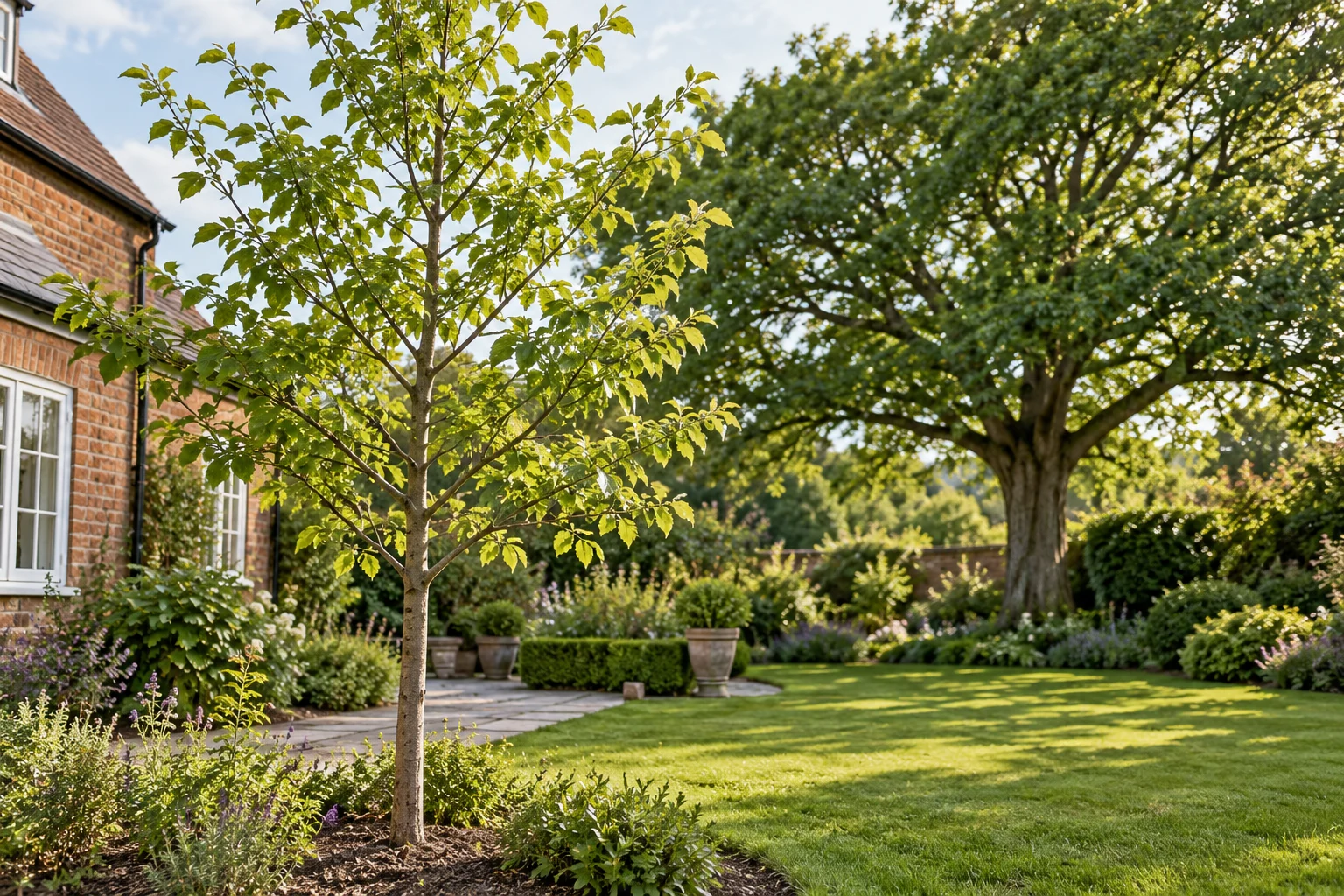 An established tree and younger planting in an English garden