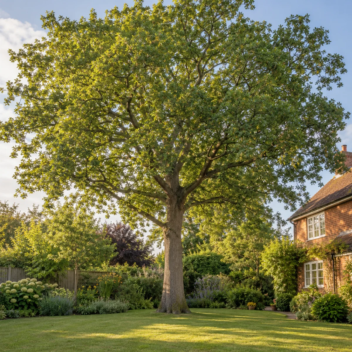 Illustrative AI-generated photograph of a mature tree in an established English garden