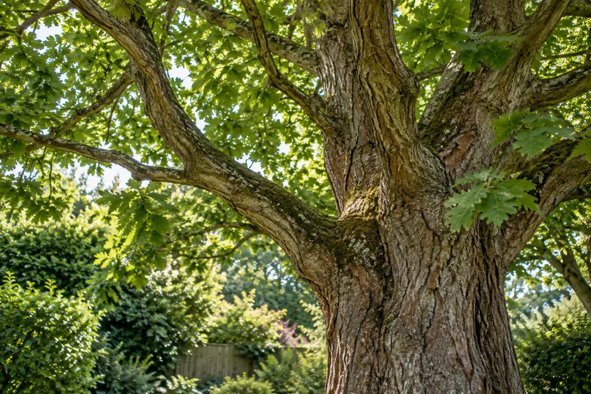 Illustrative AI-generated photograph of textured tree bark and a leafy canopy